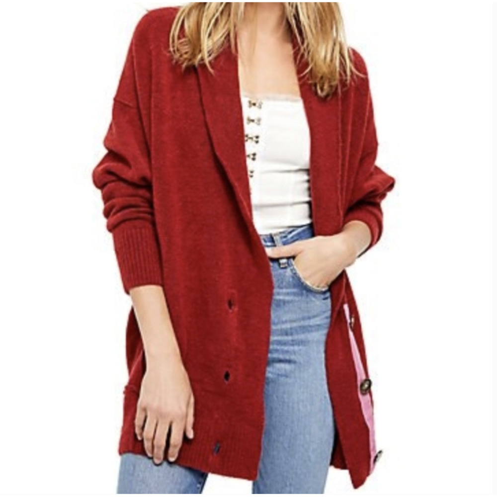 Free People Eucalyptus Oversize Cardigan Brick Red XS